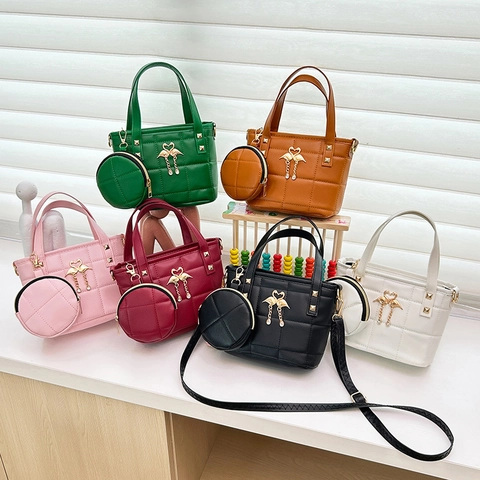 Quilted Handbag And Round Coin Purse PU Leather Women Crossbody Bag Gold Swan Charm Rhinestone Tassel Fashion Bucket Bag