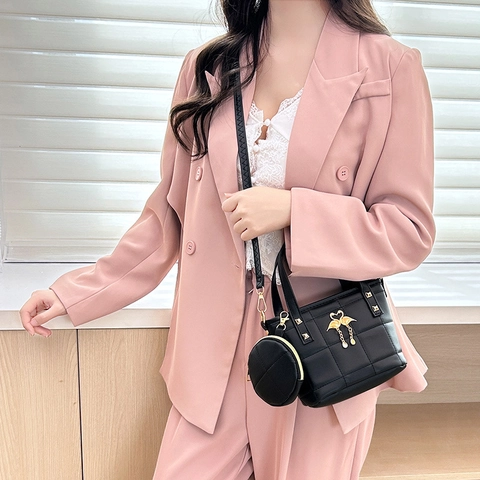 Quilted Handbag And Round Coin Purse PU Leather Women Crossbody Bag Gold Swan Charm Rhinestone Tassel Fashion Bucket Bag