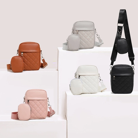 Women Crossbody Bag PU Leather Quilted Rhombus Pattern With Detachable Small Round Coin Purse And Wide Strap