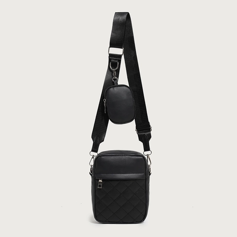 Women Crossbody Bag PU Leather Quilted Rhombus Pattern With Detachable Small Round Coin Purse And Wide Strap