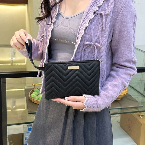 Pochette Femme En Cuir PU Matelassé En V Avec Dragonne Grande Capacité Motif Chevron Portefeuille À Fermeture Éclair
