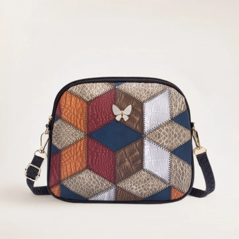 Borsa Tracolla Donna Patchwork Pelle PU Decorazione Farfalla Forma Conchiglia Cerniera Multicolore Stile Retrò