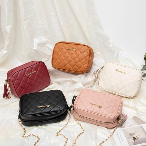 Bolso para Cámara de Cuero PU Acolchado para Mujer Correa de Cadena de Oro Borla Cremallera Bolso Bandolera Cuadrado Pequeño Moda Casual