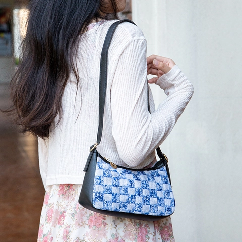 Borsa Da Donna Sotto L'ascella Spalla Denim Pelle PU Patchwork Chiusura Lampo Casual Retro Mano