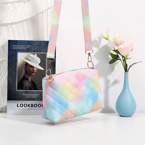 Women Rainbow Gradient Crossbody Bag PU Leather Diamond Quilted Shoulder Bag Macaron Color Trendy Square Messenger Bag