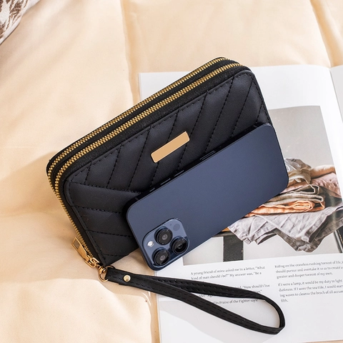 Women Long Wallet PU Leather V-Quilted Dual Zipper Large Capacity Clutch Bag With Wristlet Strap Phone Pocket Fashionable