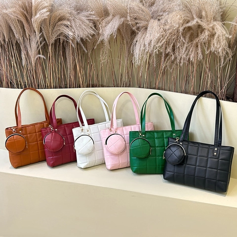 Quilted Tote Bag And Small Round Coin Purse Women PU Leather Lattice Pattern Large Capacity Shoulder Bag Urban Casual
