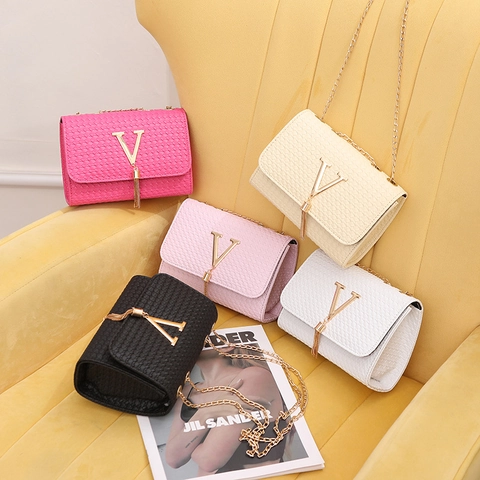 Bolso Bandolera Cuero PU Textura Tejida Decoración Borla Correa Cadena Dorada Cierre Magnético Elegante Bolso De Hombro Para Mujer