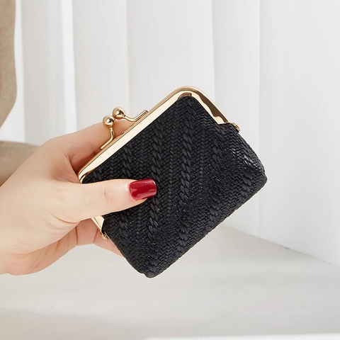 Mini Monedero Cuero PU Tejido Vintage Cierre De Beso Portatarjetas Cartera Pequeña Bolsa De Almacenamiento Portátil Para Mujeres