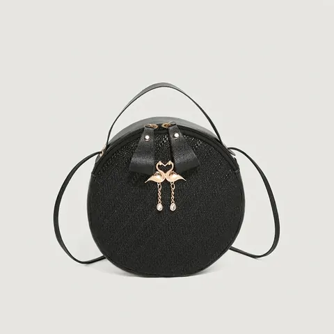 Women Round Crossbody Bag PU Leather Weave Texture Flamingo Metal Charm Top Handle Small Retro Circular Shoulder Bag