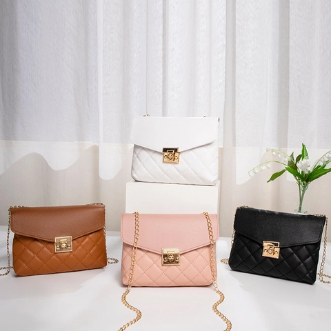 Women Quilted Crossbody Bag PU Leather Rhombic Mini Square Shoulder Bag Gold Chain Strap Metal Lock Simple Casual