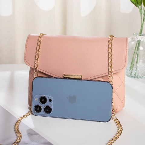 Women Quilted Crossbody Bag PU Leather Rhombic Mini Square Shoulder Bag Gold Chain Strap Metal Lock Simple Casual