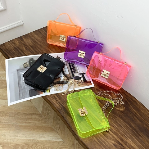 Borsa A Tracolla Da Donna In PVC Trasparente Jelly Neon Piccola Borsa A Spalla Quadrata Con Catena In Metallo E Chiusura