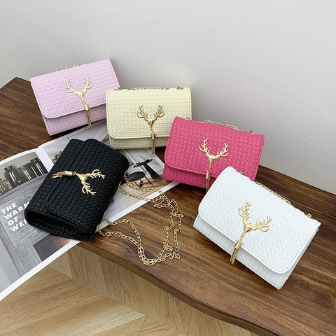 Women Woven PU Leather Crossbody Bag Golden Deer Head Tassel Flap Square Chain Shoulder Purse Fashion Elegant