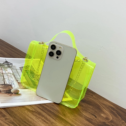 Borsa A Tracolla Da Donna In PVC Trasparente Jelly Neon Piccola Borsa A Spalla Quadrata Con Catena In Metallo E Chiusura