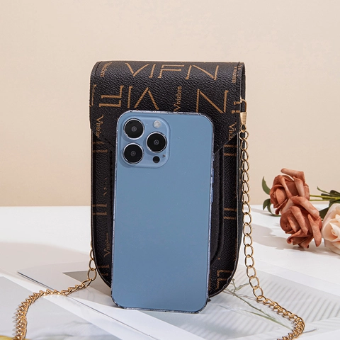 Crossbody Cell Phone Bag PU Leather Letter Print Chain Strap Metal Lock Casual Shoulder Purse For Women