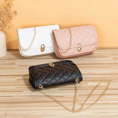 Dames Crossbodytas Van PU Leer Gewatteerd Ruitjespatroon Gouden Ketting Draaislot Kleine Vierkante Schoudertas