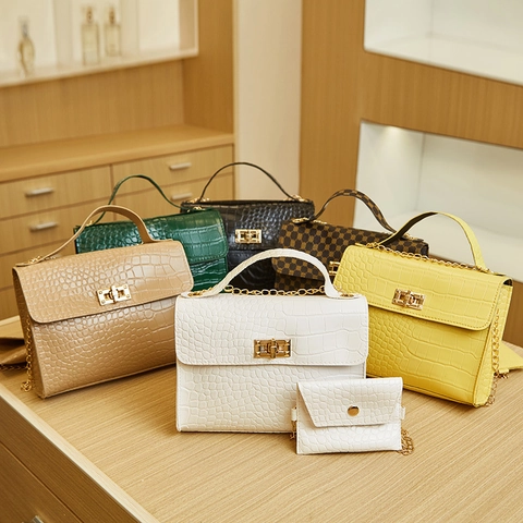 Sac À Main Motif Crocodile Et Petite Pochette Cuir PU Fermoir Doré Bandoulière Chaîne Élégant Mode Poignée Pour Femmes