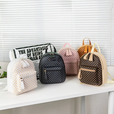 Mini Sac À Dos Femme Mode Cuir PU Rétro Imprimé Monogramme À Carreaux Petit Sac À Dos Décontracté Pour Le Quotidien