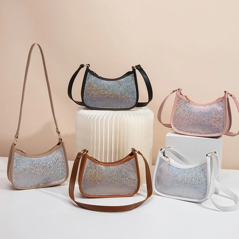 Γυναικεία Τσάντα Crescent Με Πούλιες Και Στρας PU Leather Hobo Τσάντα Ώμου Μοντέρνα Για Πάρτι
