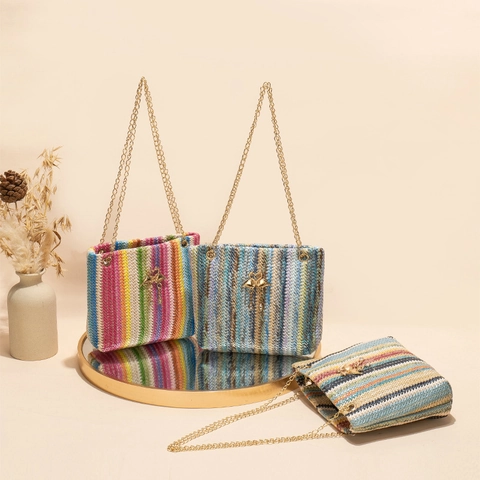 Gewebte Stroh-Schultertasche Regenbogenstreifen Goldene Kette Flamingo Ornament Urlaub Damen Handtasche