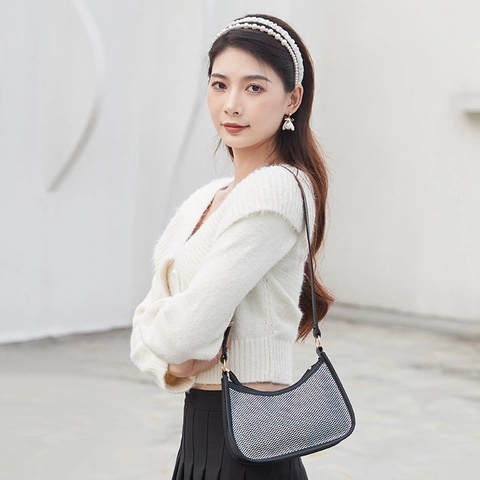 Women Hobo Bag Sparkling Rhinestone Mesh PU Leather Underarm Shoulder Bag Party Evening Chic Fashion
