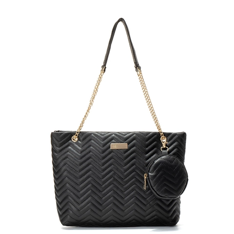 Women PU Leather Handbag V-Quilted Chevron Pattern Large Capacity Tote With Small Round Purse Gold Chain Strap