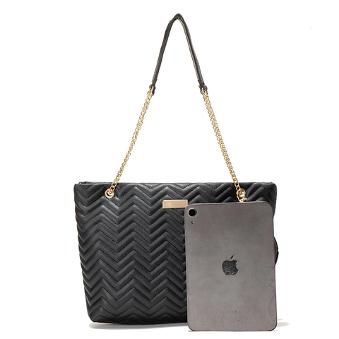 Women PU Leather Handbag V-Quilted Chevron Pattern Large Capacity Tote With Small Round Purse Gold Chain Strap