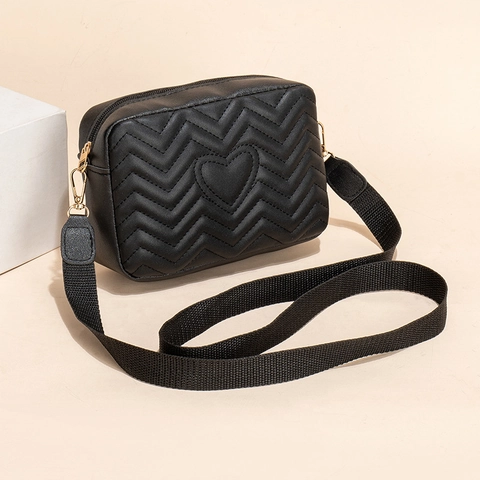 Women PU Leather Camera Bag Chevron Quilted Heart Embroidery Wide Strap Versatile Casual Crossbody Handbag