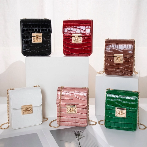 Women Mini Shoulder Bag Crocodile Pattern PU Leather Crossbody Phone Bag Metal Chain Square Messenger Elegant Small Clutch