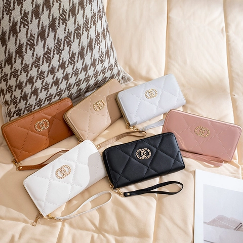 Damen Langes PU Leder Portemonnaie Rautensteppung Design Mit Doppelring Dekoration Reißverschluss Clutch Kartenhalter Tasche