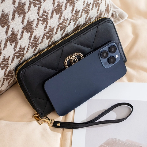 Damen Langes PU Leder Portemonnaie Rautensteppung Design Mit Doppelring Dekoration Reißverschluss Clutch Kartenhalter Tasche