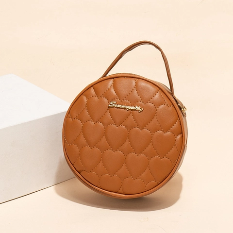 Borsa a Tracolla Circolare Trapuntata a Cuore Vintage Per Donna In Pelle PU Mini Borsa a Spalla Tonda Con Hardware Oro Borsa a Mano