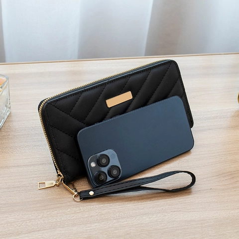 Portefeuille Long En Cuir PU Pour Femmes Élégant Matelassé Fermeture Éclair Pochette Avec Dragonne Amovible