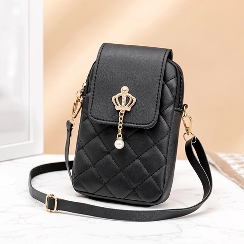 Borsa A Tracolla Per Cellulare In Pelle PU Trapuntata Motivo A Rombi Ciondolo Perla Artificial Corona Dorata Tracolla Regolabile Mini Borsa