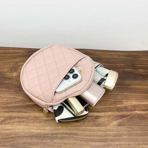 Women Round Crossbody Bag PU Leather Quilted Diamond Pattern Letter Wide Strap Casual Shoulder Bag Zipper Purse