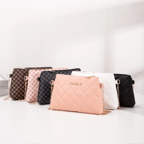 Women Shoulder Bag PU Leather Quilted Lattice Chain Strap Crossbody Bag Mini Square Fashion Handbag Zipper Closure Printed Pattern