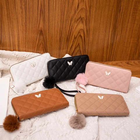 Women Long Quilted Wallet With Butterfly Decor Zip Around Clutch Bag And Pom Pom Pendant Hand Strap PU Leather Fashion