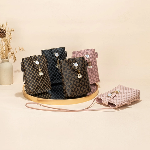 Borsa per Cellulare da Donna in Pelle PU Stampata Vintage Mini Borsa a Tracolla con Ciondolo a Gatto con Künstliche Perle Fantasia Geometrica