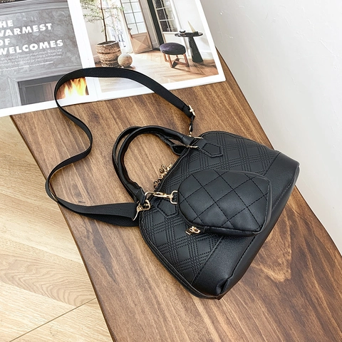 Women Boston Handbag Matching Bags Quilted PU Leather Shell Shoulder Bag With Mini Hanging Coin Purse Elegant Versatile