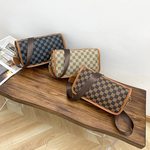 Damen Retro PU Leder Karomuster Umhängetasche Zylinderform Breiter Riemen Schultertasche Mode Zylindertasche Für Den Alltag