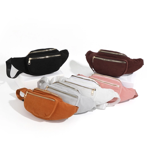 Women Corduroy Waist Bag Retro Solid Color Crossbody Chest Pack With Double Zipper Adjustable Strap Casual Travel