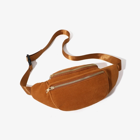 Women Corduroy Waist Bag Retro Solid Color Crossbody Chest Pack With Double Zipper Adjustable Strap Casual Travel