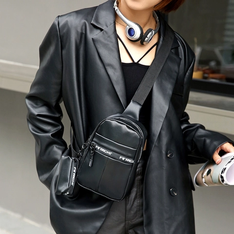 Damen PU Leder Brusttasche Und Kleiner Beutel Mode Umhängetasche Mit Verstellbarem Buchstaben Druck Riemen Streetwear Casual