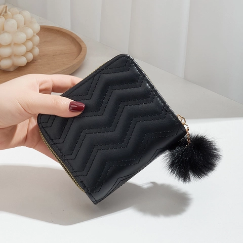 Petit Portefeuille En Cuir PU Pour Femmes Double Fermeture Éclair Matelassé Ondulé Porte-Monnaie Avec Pompon Style Chic