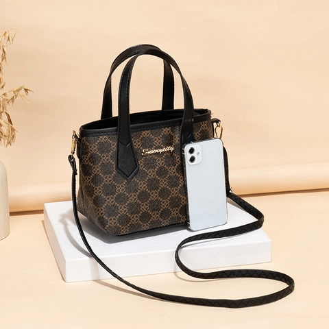 Damen Vintage Monogramm Druck Handtasche PU Leder Eimer Satchel Top Griff Verstellbarer Umhängeriemen Elegant