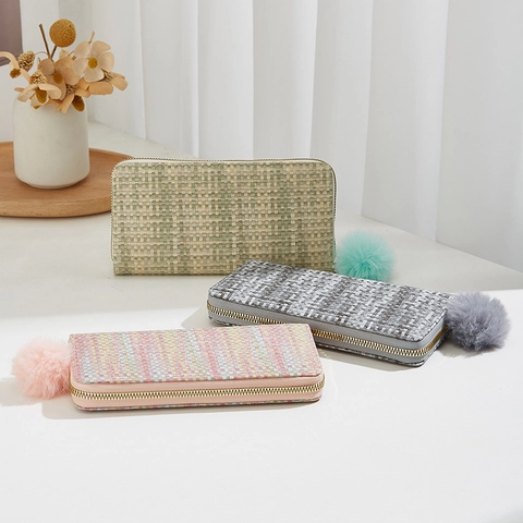 Damen Geldbörse Lang Tweed Gewebt PU Leder Clutch Mit Pompon Anhänger Und Handgelenkschlaufe Kartenfächer Handyhalter