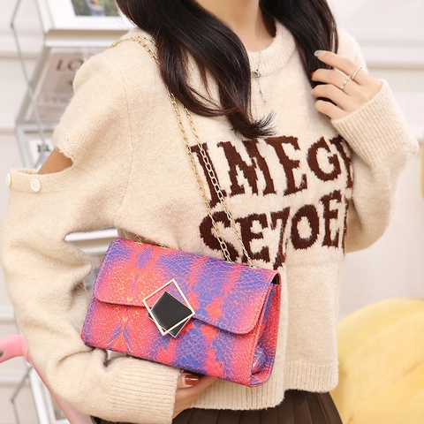 Snake Pattern Women Crossbody Bag PU Leather Gradient Color Golden Chain Strap Geometric Buckle Shoulder Messenger Bag