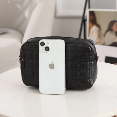 Quilted PU Leather Crossbody Bag For Women Camera Style Square Handbag With Wide Adjustable Strap Gold Hardware