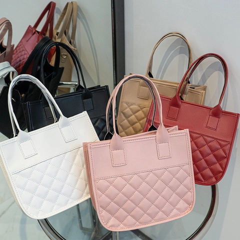 Women Quilted Rhombus Handbag PU Leather Crossbody Shoulder Bag Fashion Square Tote Double Handles Elegant Daily Purse